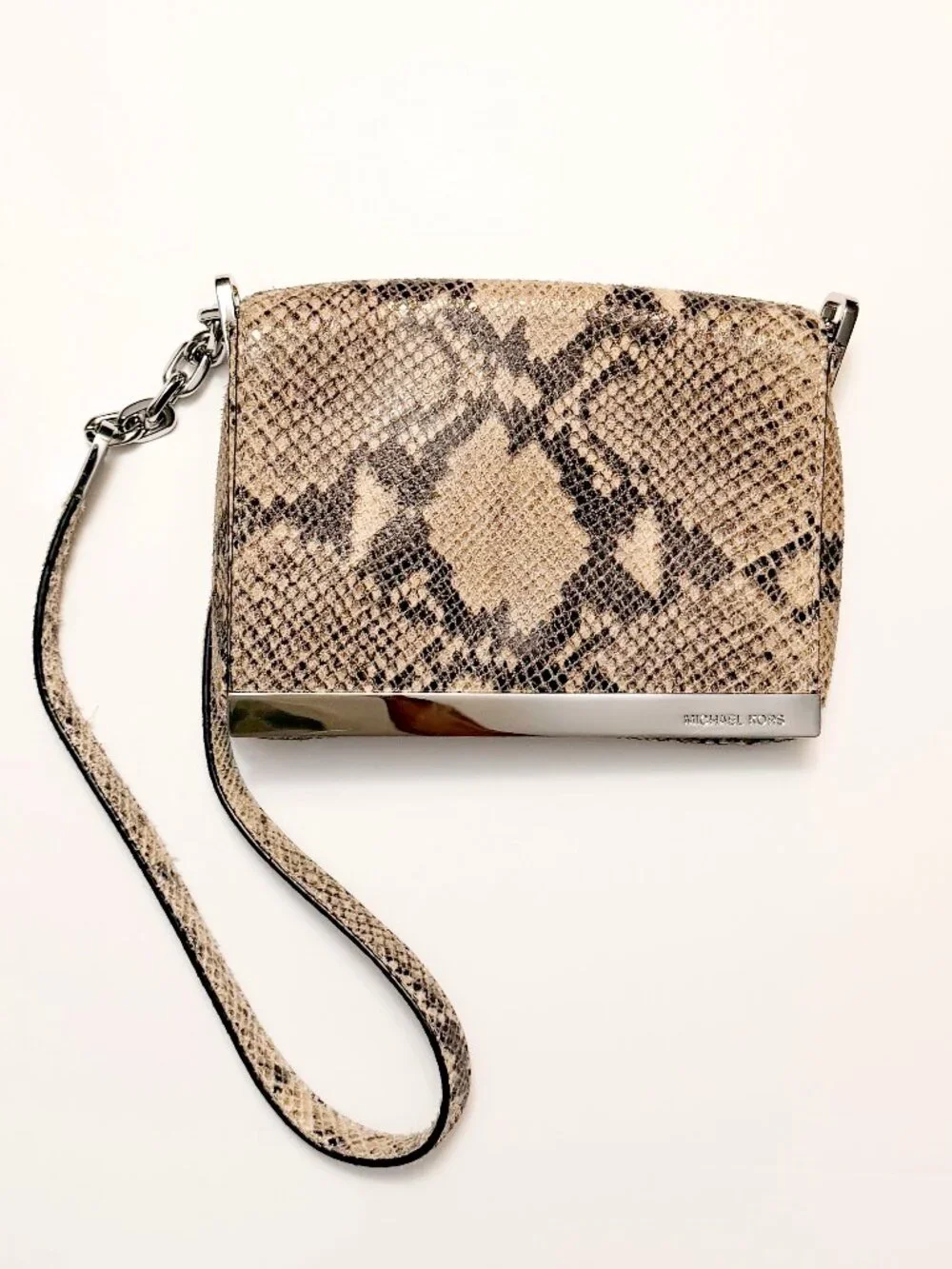 Michael Kors Neutral Snake Print Flap Crossbody Bag Silver Chain Accent